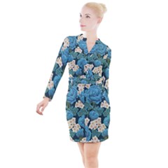 Blue flowers Button Long Sleeve Dress