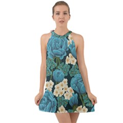 Blue flowers Halter Tie Back Chiffon Dress