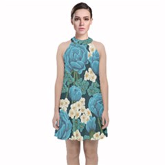 Blue flowers Velvet Halter Neckline Dress 