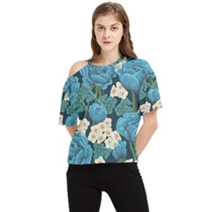 Blue Flowers One Shoulder Cut Out Tee by goljakoff