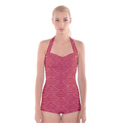 Red Sashiko Ornament Boyleg Halter Swimsuit  by goljakoff