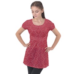 Red Sashiko Ornament Puff Sleeve Tunic Top by goljakoff