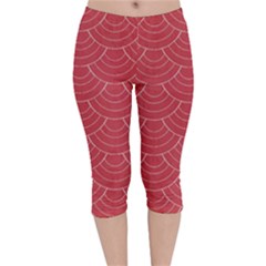 Red Sashiko Ornament Velvet Capri Leggings  by goljakoff