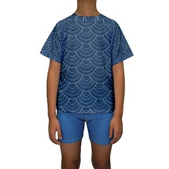 Blue Sashiko Plaid Kids  Short Sleeve Swimwear by goljakoff