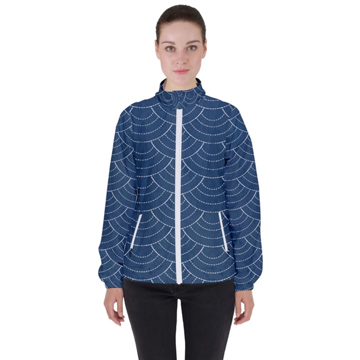 Blue sashiko plaid Women s High Neck Windbreaker