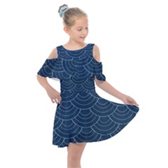 Blue Sashiko Plaid Kids  Shoulder Cutout Chiffon Dress