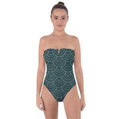 Green Sashiko Pattern Tie Back One Piece Swimsuit by goljakoff