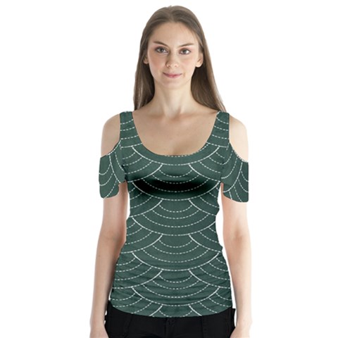 Green Sashiko Pattern Butterfly Sleeve Cutout Tee  by goljakoff