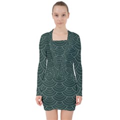 Green Sashiko Pattern V-neck Bodycon Long Sleeve Dress by goljakoff