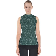 Green Sashiko Pattern Mock Neck Shell Top by goljakoff