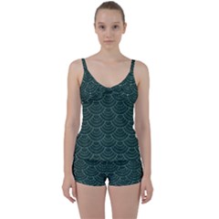 Green Sashiko Pattern Tie Front Two Piece Tankini by goljakoff