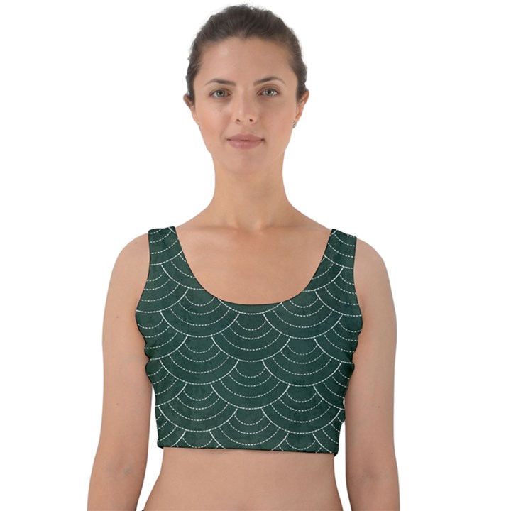 Green sashiko pattern Velvet Crop Top