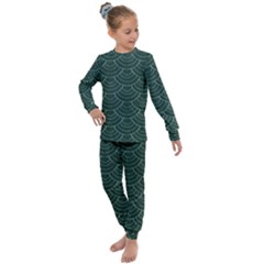 Green Sashiko Pattern Kids  Long Sleeve Set  by goljakoff