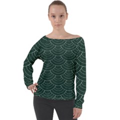 Green Sashiko Pattern Off Shoulder Long Sleeve Velour Top by goljakoff