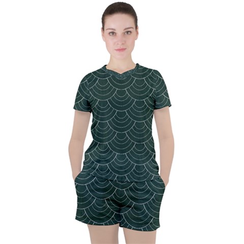 Green Sashiko Pattern Women s Tee And Shorts Set by goljakoff