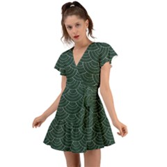 Green Sashiko Pattern Flutter Sleeve Wrap Dress by goljakoff