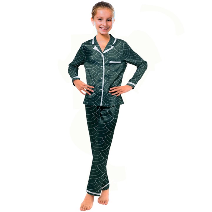 Green sashiko pattern Kid s Satin Long Sleeve Pajamas Set