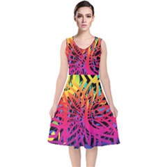 Abstract Jungle V-neck Midi Sleeveless Dress 