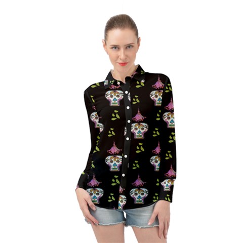 Skull Pattern Long Sleeve Chiffon Shirt by Sparkle