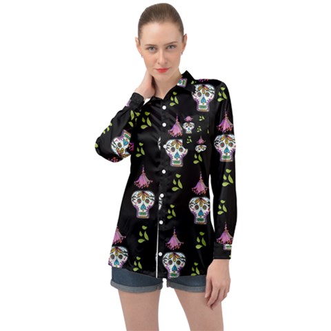 Skull Pattern Long Sleeve Satin Shirt by Sparkle