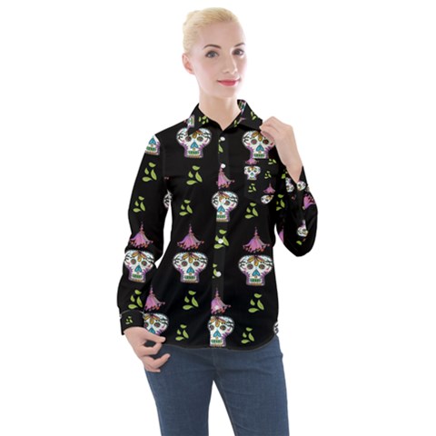 Skull Pattern Women s Long Sleeve Pocket Shirt by Sparkle