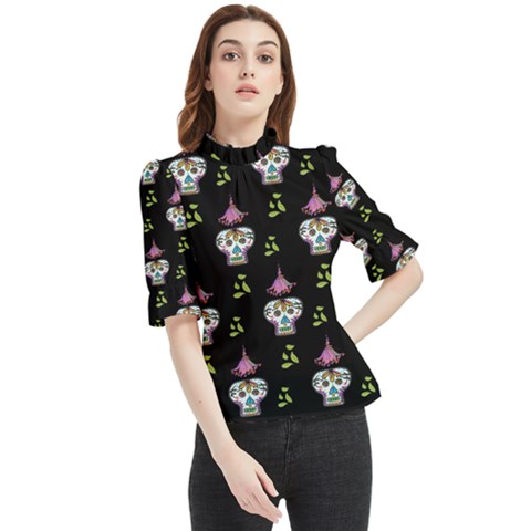 Skull Pattern Frill Neck Blouse by Sparkle