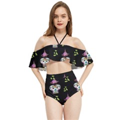 Skull Pattern Halter Flowy Bikini Set 