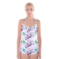 Floral Art Boyleg Halter Swimsuit 