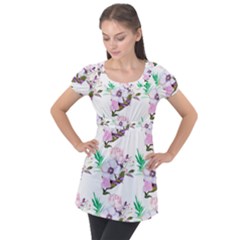 Floral Art Puff Sleeve Tunic Top