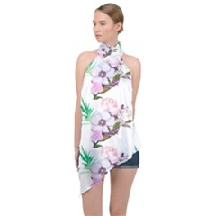 Floral Art Halter Asymmetric Satin Top by Sparkle