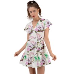 Floral Art Flutter Sleeve Wrap Dress