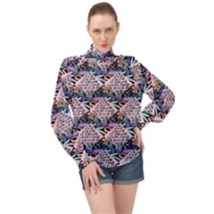 Diamond Spots High Neck Long Sleeve Chiffon Top