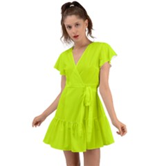 Arctic Lime Flutter Sleeve Wrap Dress