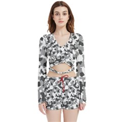 Camouflage Gris/blanc Velvet Wrap Crop Top And Shorts Set