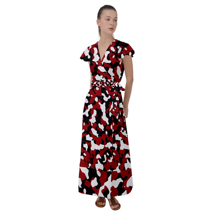 Camouflage rouge Flutter Sleeve Maxi Dress