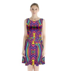 Abstract Pattern Sleeveless Waist Tie Chiffon Dress