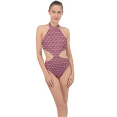 Geometric Groovy Pattern Halter Side Cut Swimsuit by designsbymallika