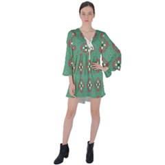 Mushrooms In The Meadow  V-neck Flare Sleeve Mini Dress by SychEva