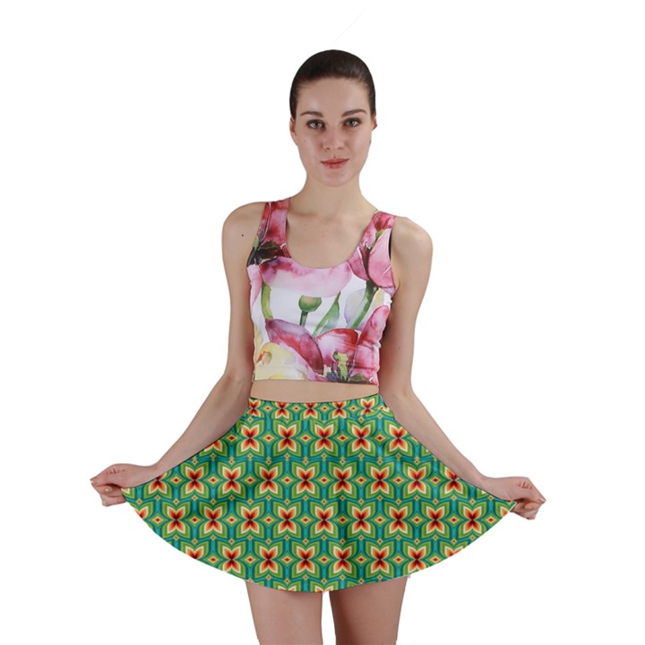 Green Floral Pattern Mini Skirt