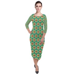 Green Floral Pattern Quarter Sleeve Midi Velour Bodycon Dress by designsbymallika