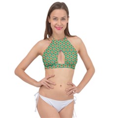 Green Floral Pattern Cross Front Halter Bikini Top by designsbymallika