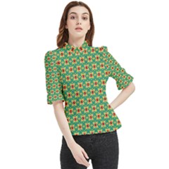 Green Floral Pattern Frill Neck Blouse