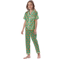 Green Floral Pattern Kids  Satin Short Sleeve Pajamas Set