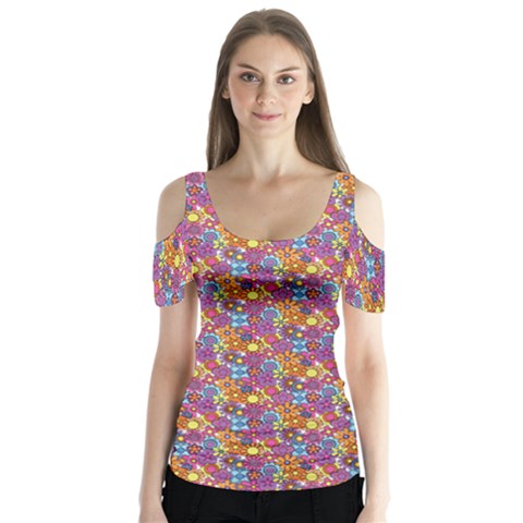 Groovy Floral Pattern Butterfly Sleeve Cutout Tee  by designsbymallika