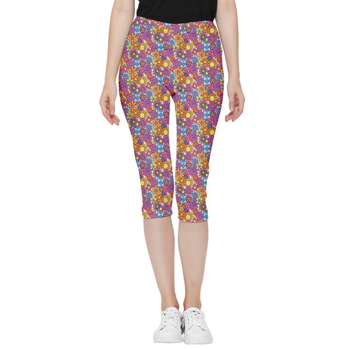 Groovy Floral Pattern Inside Out Lightweight Velour Capri Leggings 