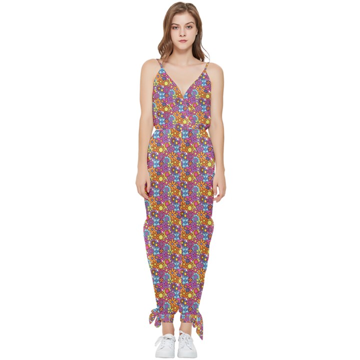 Groovy Floral Pattern Sleeveless Tie Ankle Jumpsuit