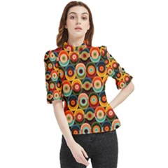 Multicolor Geometric Pattern Frill Neck Blouse