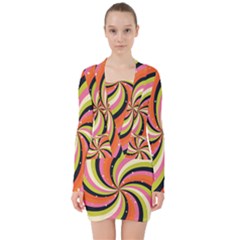 Psychedelic Groovy Orange V-neck Bodycon Long Sleeve Dress by designsbymallika