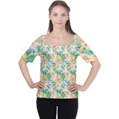 Water Color Floral Pattern Cutout Shoulder Tee