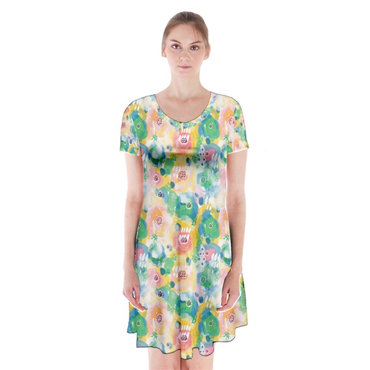 Water Color Floral Pattern Short Sleeve V-neck Flare Dress